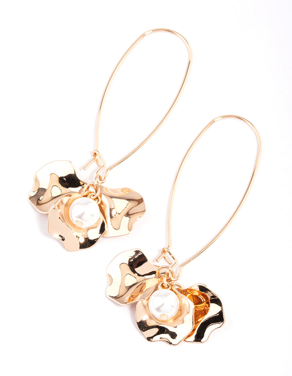 Gold Petal & Pearl Loop Drop Earrings