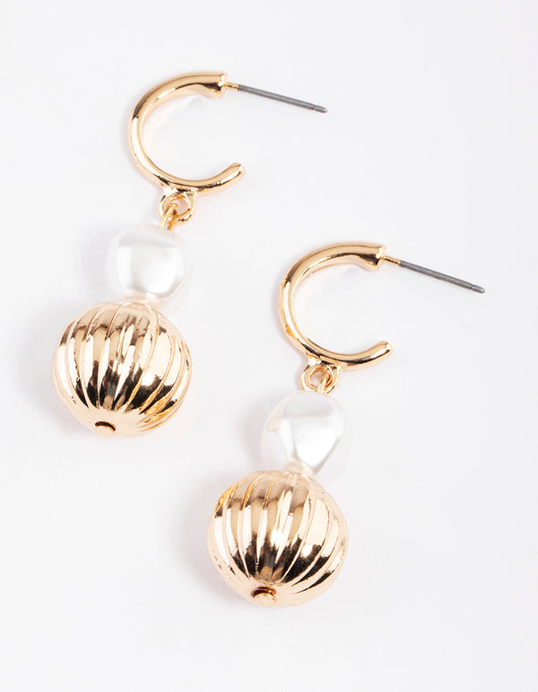 Gold Pearl & Ball Huggie Drop Earrings