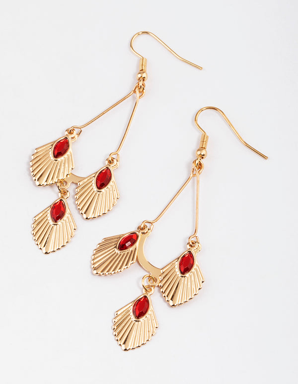 Red Triple Diamante Fan Drop Earrings