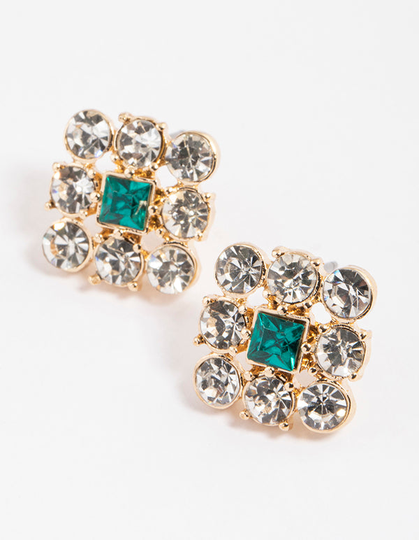 Green Round & Square Encased Stud Earrings