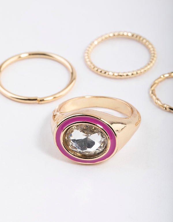 Gold Enamel Diamante Signet Ring 4-Pack