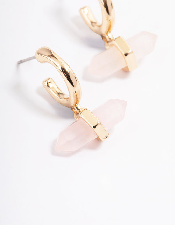 Gold Rose Quartz Drop Huggie Earrings
