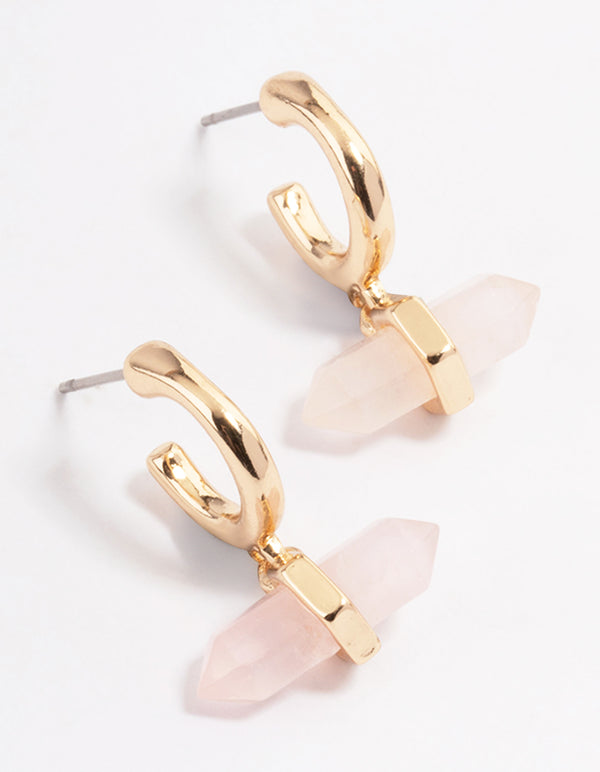 Gold Rose Quartz Drop Huggie Earrings