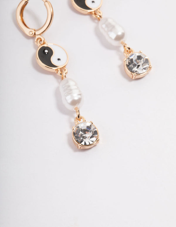 Gold Yin & Yang Pearl Diamante Huggie Earrings