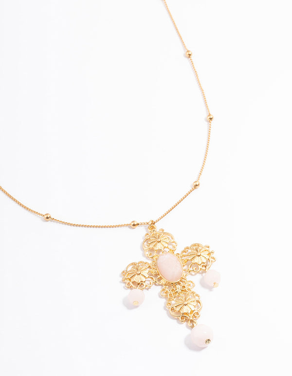 Gold Long Quartz Cross Necklace