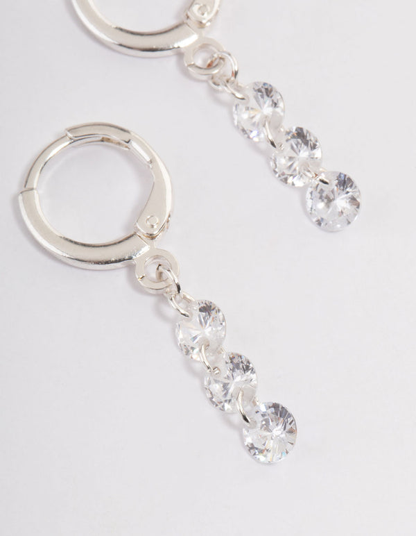 Silver Triple Floating Diamante Huggie Earrings