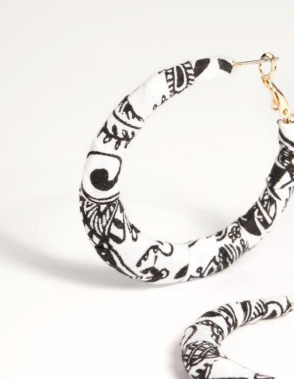 Gold Black & White Print Hoop Earrings