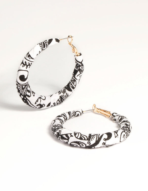 Gold Black & White Print Hoop Earrings