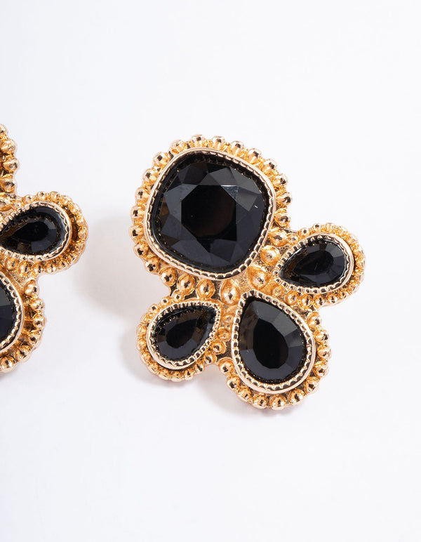 Black Miligrain Four Stone Stud Earrings