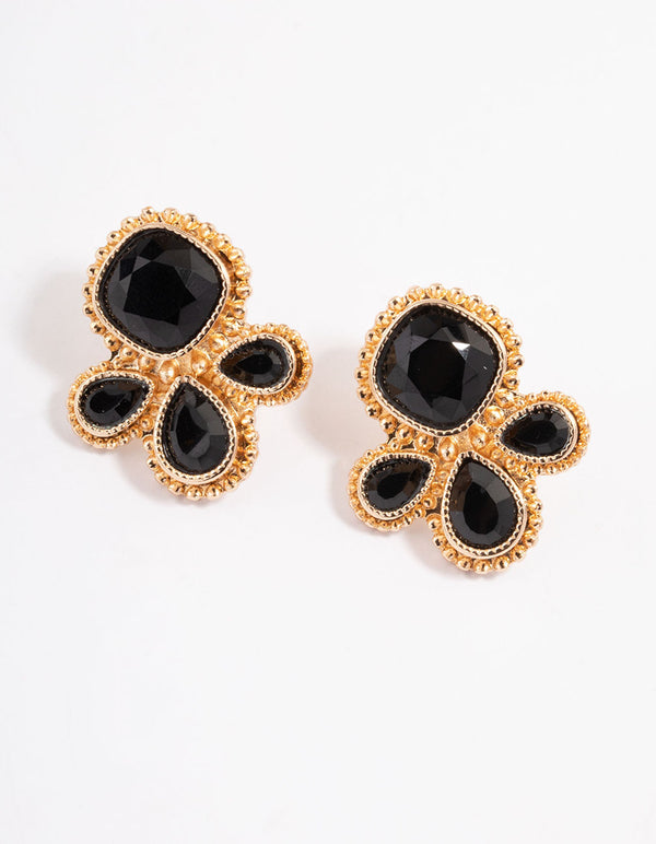 Black Miligrain Four Stone Stud Earrings