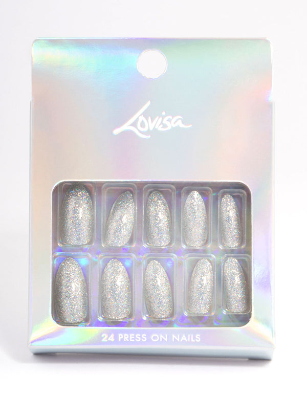Plastic Silver Iridescent Glitter Press On Nails