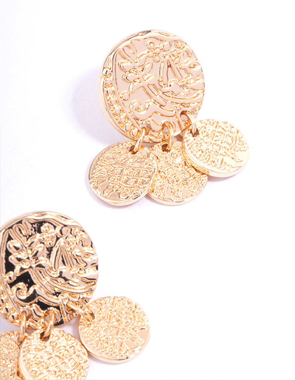 Gold Textured Disc Tassel Drop Earrings