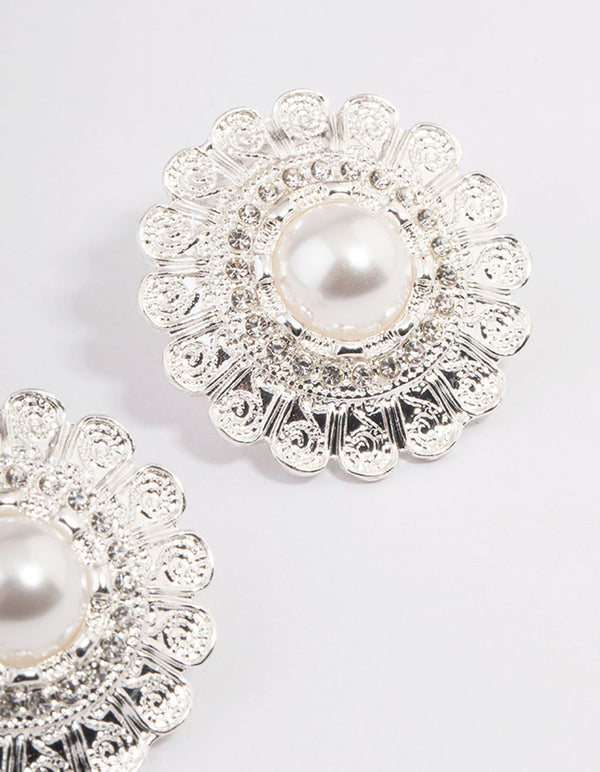 Silver Vintage Stone Filigree Stud Earrings