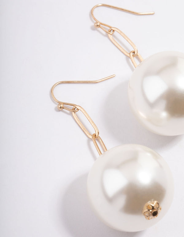 Worn Gold Link Chain Mega Pearl Drop Earrings