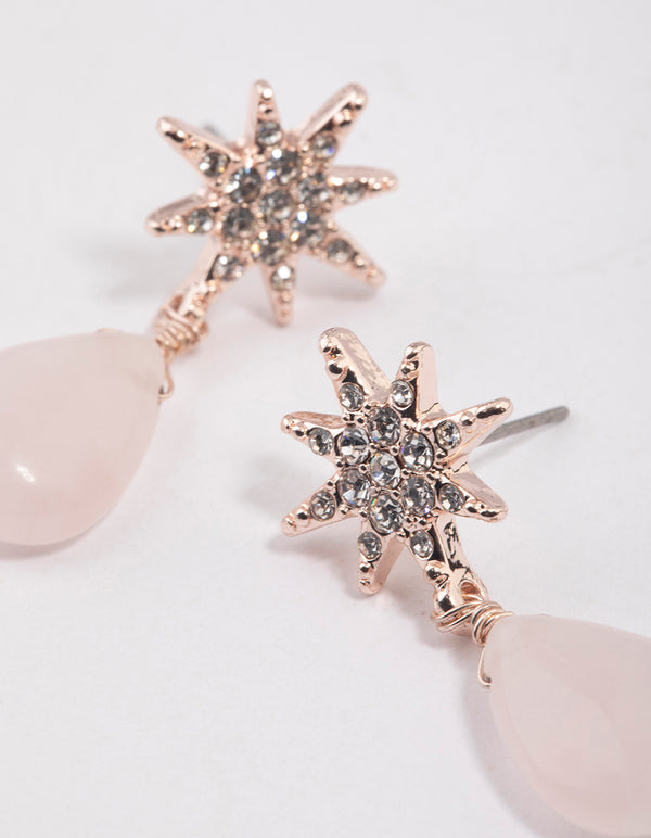 Rose Gold Rose Quartz Starburst Drop Earrings