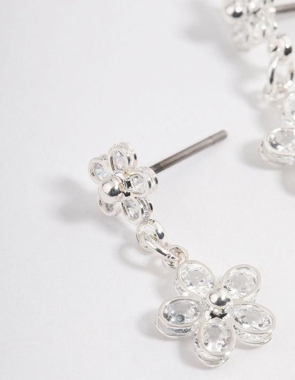 Silver Cubic Zirconia Double Daisy Drop Earrings