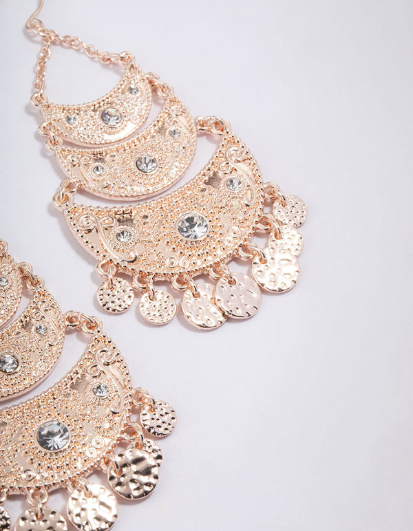 Rose Gold Stamp Three Layer Diamante Drop Earrings