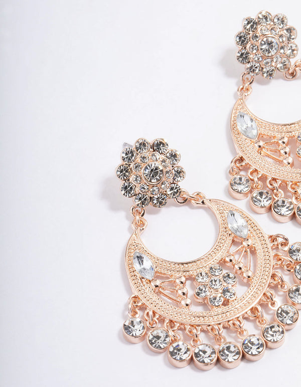 Rose Gold Diamante Flower Drape Earrings