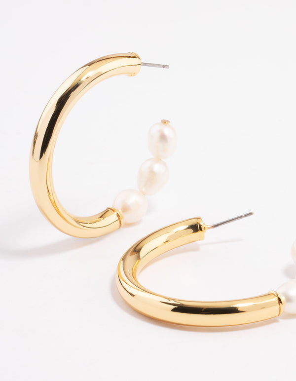 Gold Plated Freshwater Pearl Half Hoop Earrings