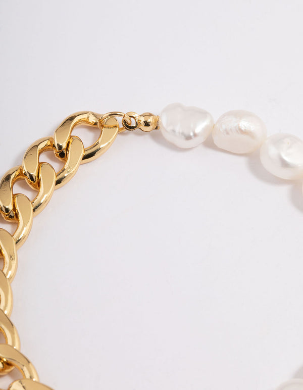 Gold Plated Freshwater Pearl Half Chain FOB Bracelet