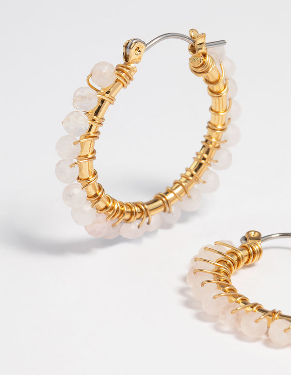 Gold Plated Rose Quartz & Bead Hoop Earrings