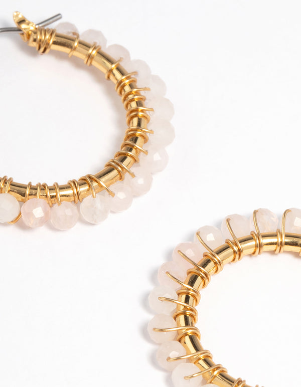 Gold Plated Rose Quartz & Bead Hoop Earrings