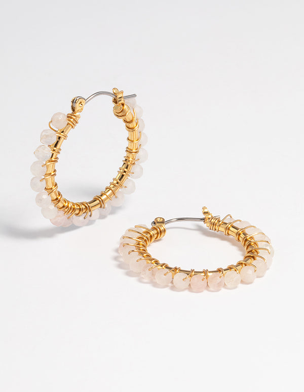 Gold Plated Rose Quartz & Bead Hoop Earrings