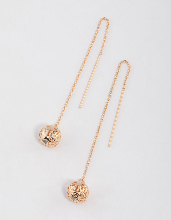 Gold Filigree Ball Threader Drop Earrings
