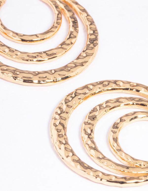 Gold Plated Hammered Trio Row Hoop Earrings