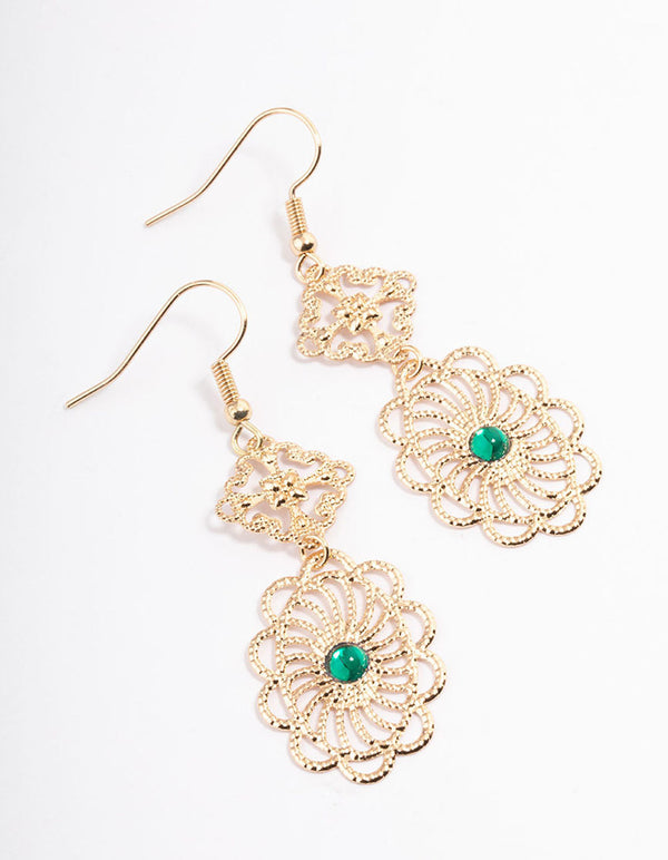Green Mixed Filigree Stone Drop Earrings