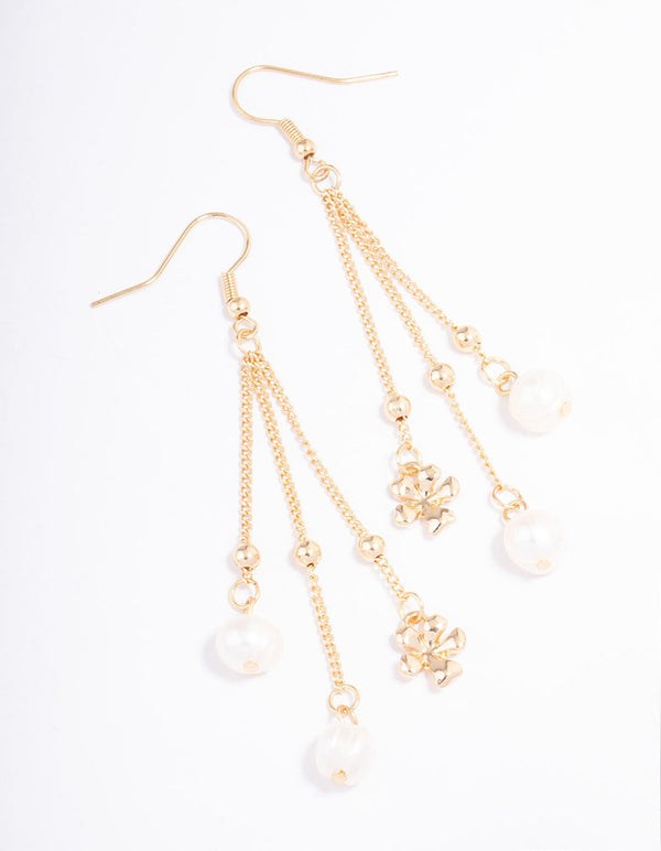 Gold Freshwater Pearl & Flower Chain Drop Earrings
