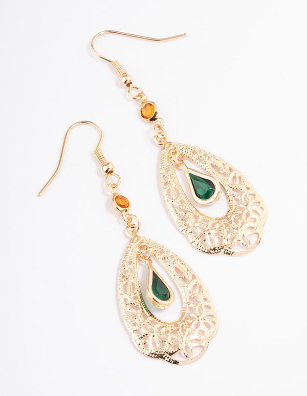 Green Open Boho Pearl Drop Earrings