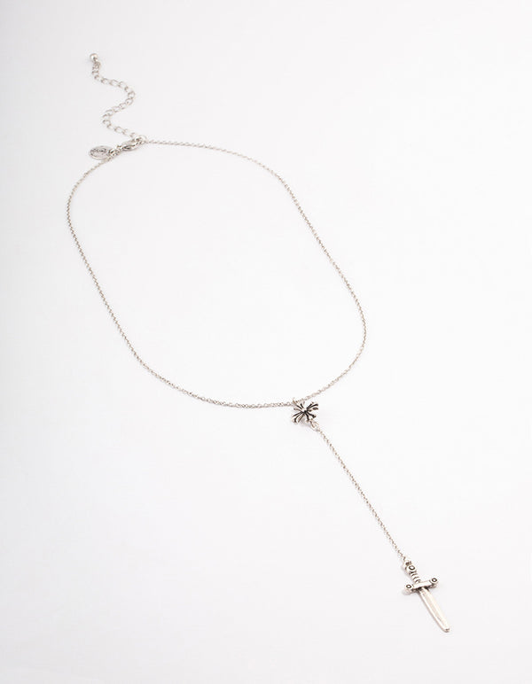 Burnish Silver Diamante Cross Sword Necklace