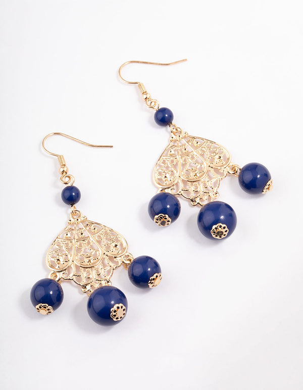 Navy Ornate Triple Beaded Drop Earrings