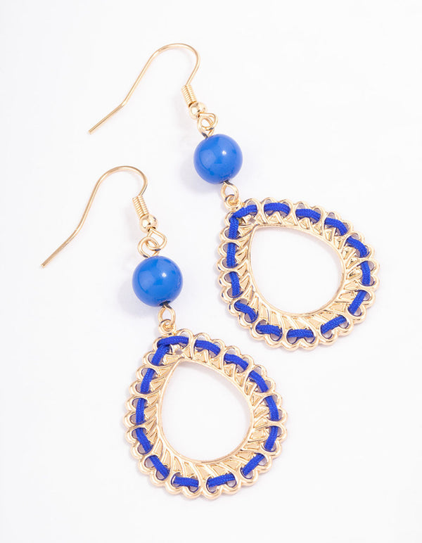 Blue Open Pear Threaded Drop Earrings