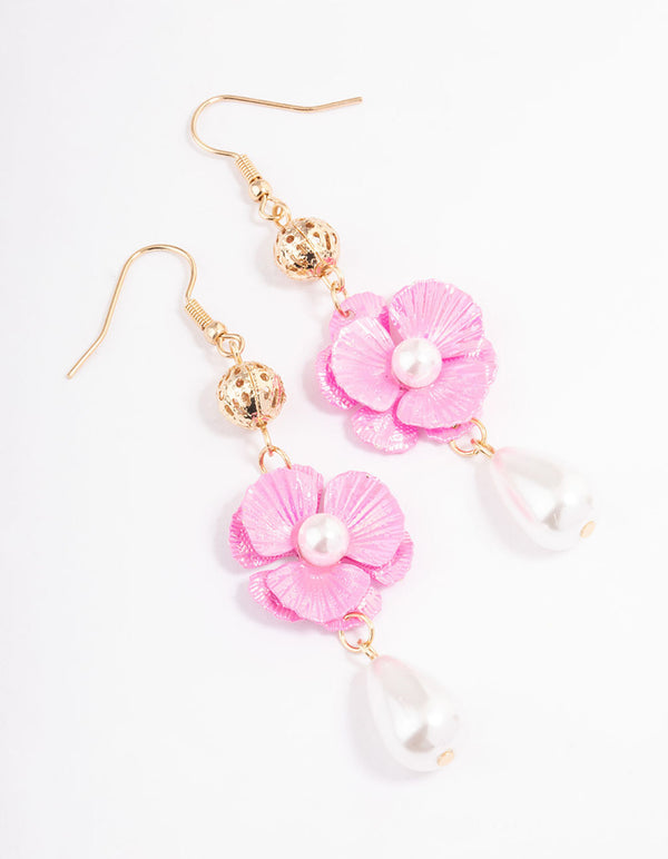 Pink Crinkle Flower & Pearl Drop Earrings