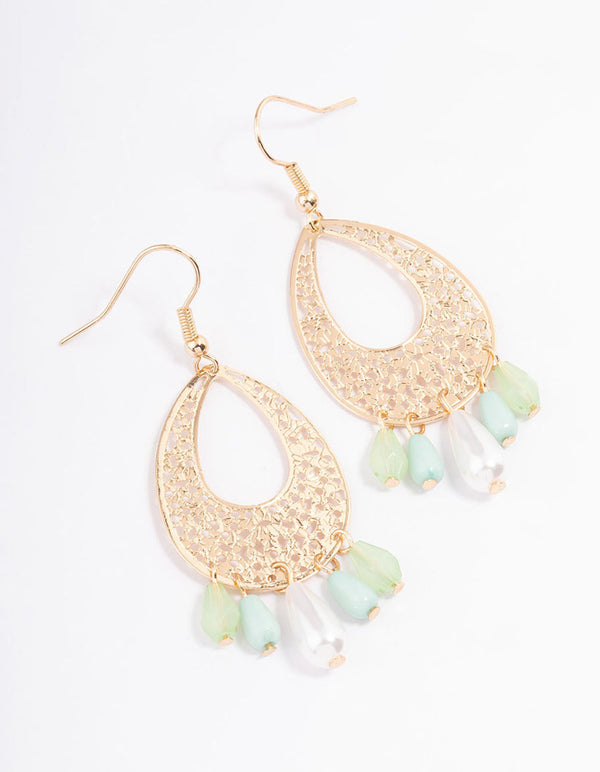 Gold Filigree Green Mixed Bead Chandbali Earrings