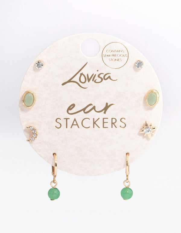 Gold Green Aventurine Diamante Celestial Stacker Earrings