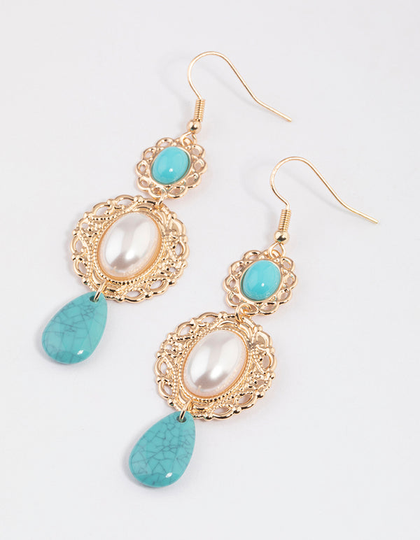 Turquoise Ornate Mixed Stone Drop Earrings
