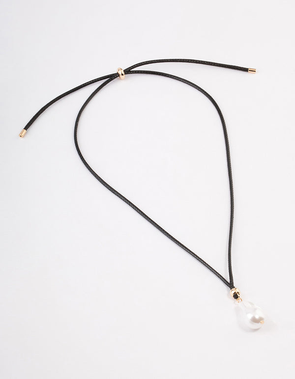 Pearl Droplet Adjustable Black Cord Choker