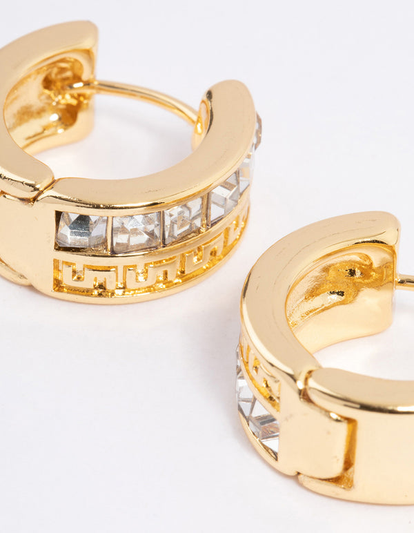 Gold Plated Square Diamante Aztec Hoop Earrings
