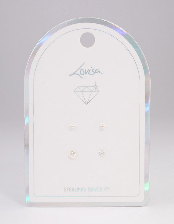 Sterling Silver Rope & Diamante Heart Stud Earring Pack