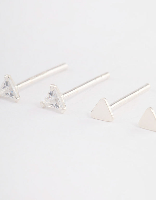 Sterling Silver Plain & Diamante Triangle Stud Earring Pack