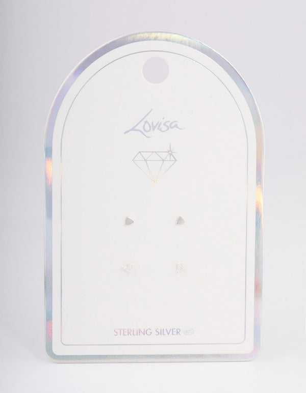 Sterling Silver Plain & Diamante Triangle Stud Earring Pack