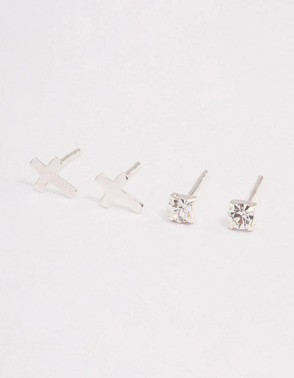 Sterling Silver Diamante Stud & Cross Earring Pack