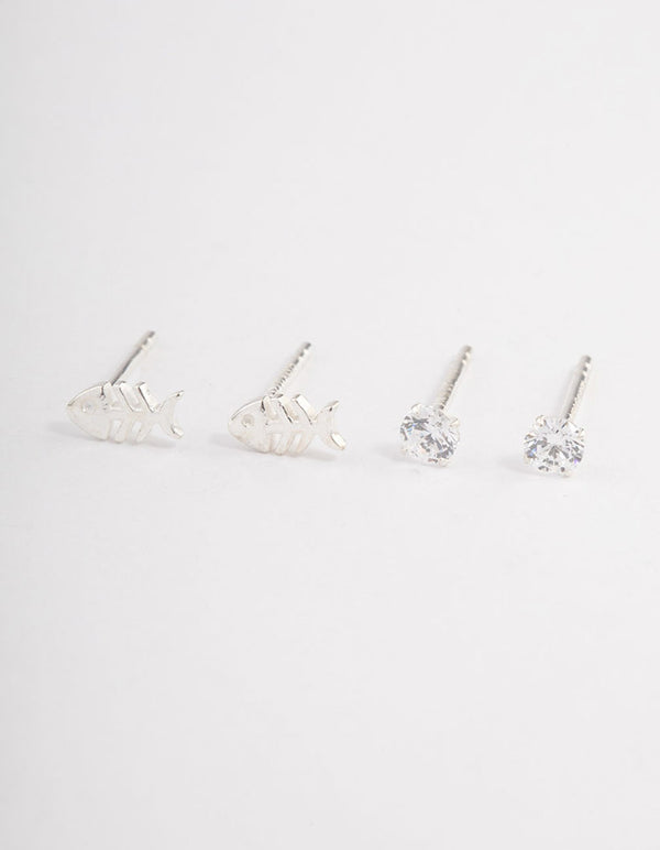 Sterling Silver Diamante & Fish Stud Earring Pack