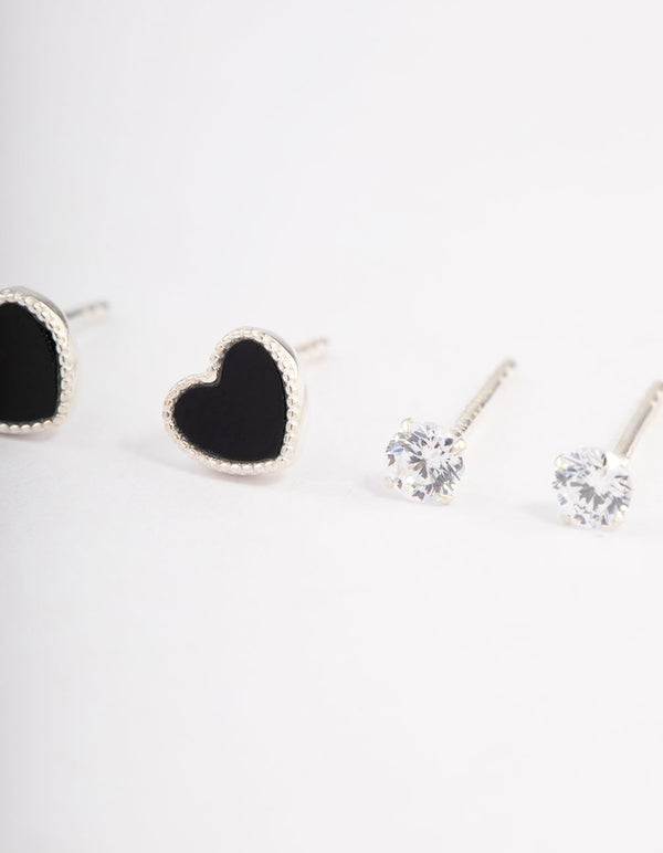 Sterling Silver Diamante & Black Heart Stud Earring Pack