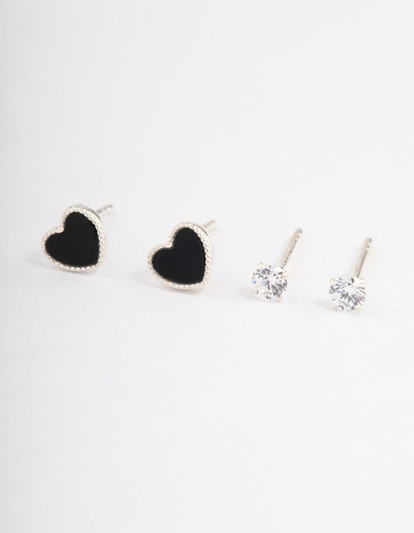 Sterling Silver Diamante & Black Heart Stud Earring Pack