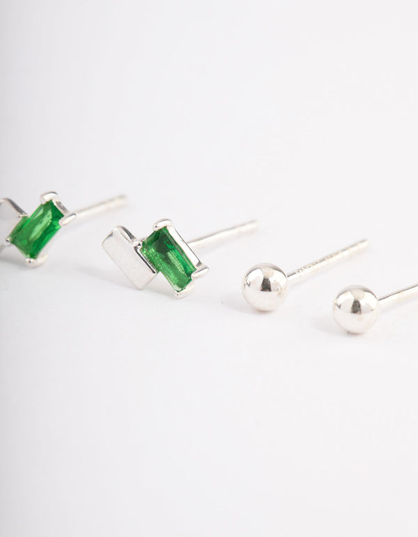 Sterling Silver Diamante & Green Baguette Stud Earring Pack