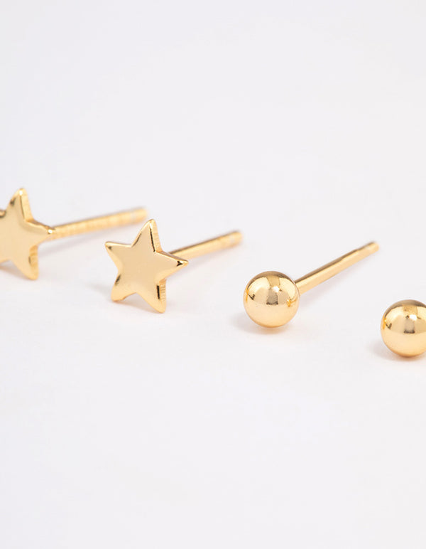 Gold Plated Sterling Silver Solid Star Stud Earring Pack